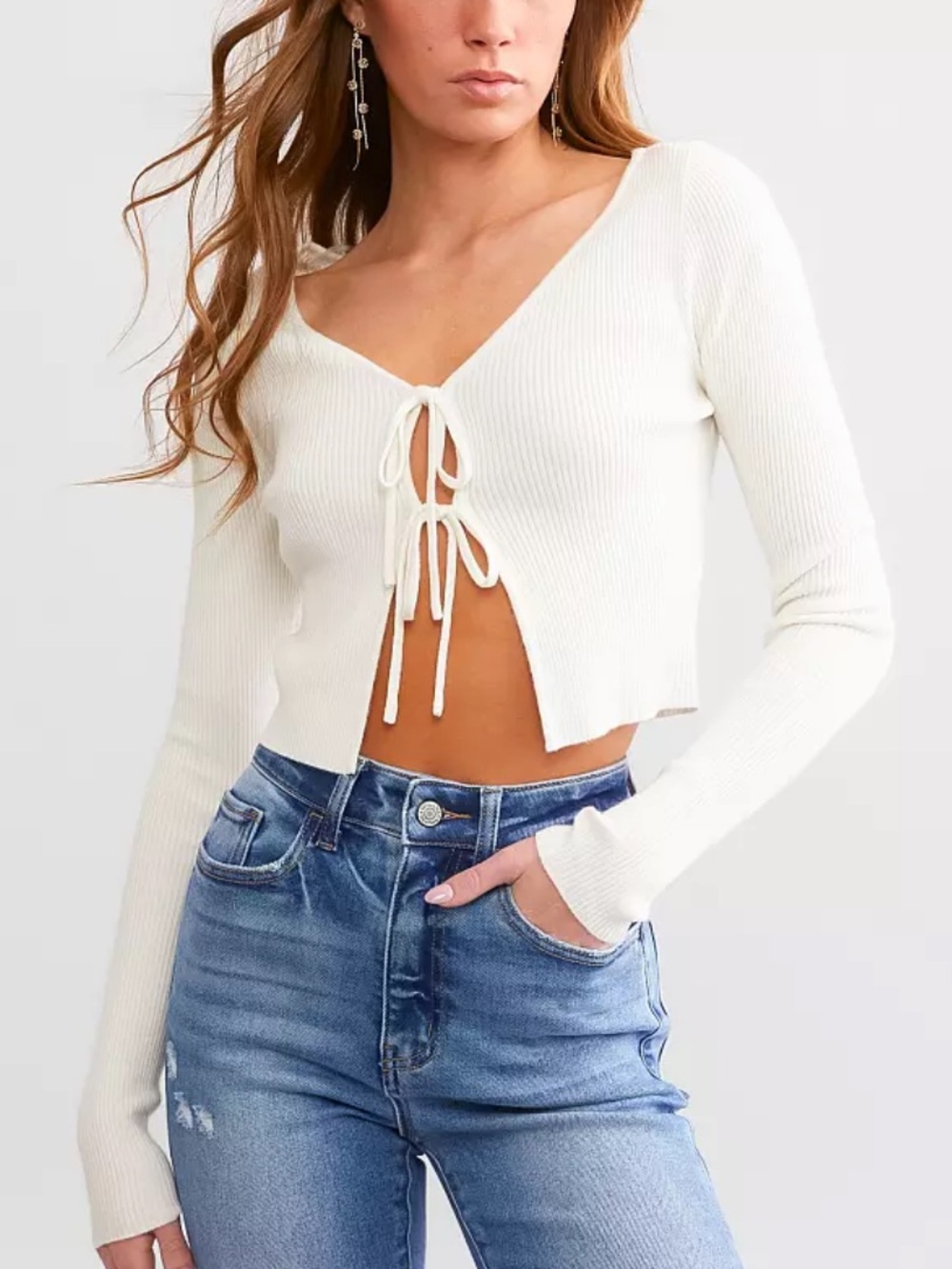 Tie-Front Ribbed Crop Cardigan - creamy white size M